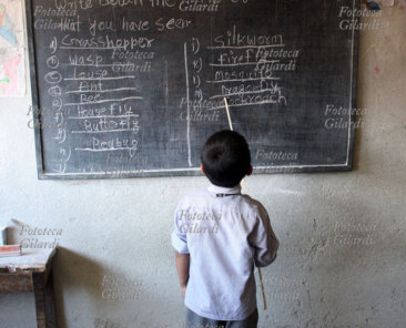 NEPAL Child in front of the blackboard in the school of the small village of Suval, near Bhaktapur. On the blackboard, in English, names of bugs May 2009